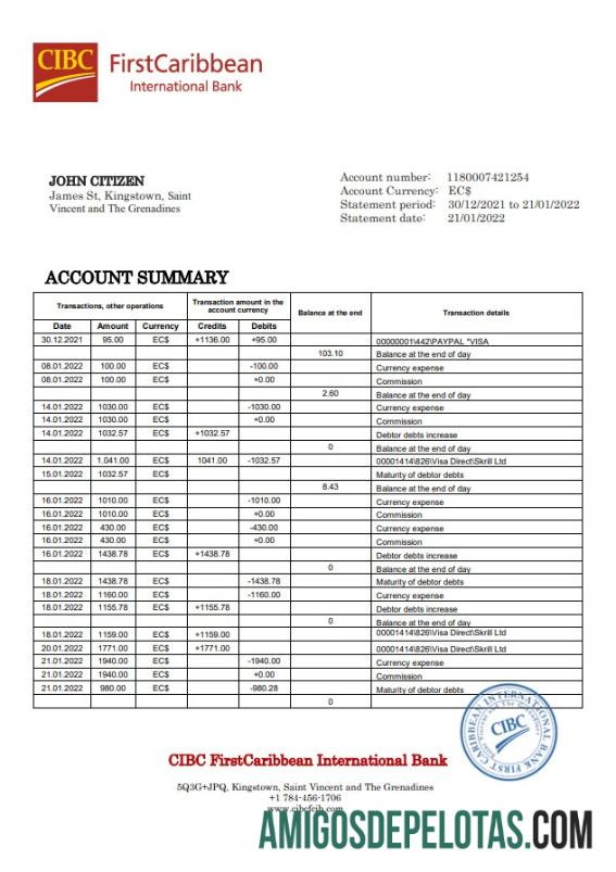 Exemplo do Banco Internacional do Primeiro Caribe de São Vicente e Granadinas